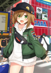 Rule 34 | 1girl, :d, bag, baseball cap, black headwear, blurry, blurry background, blush, brand name imitation, brown hair, commentary request, depth of field, eyes visible through hair, fang, fingernails, green eyes, green jacket, hair over one eye, haru (komori kuzuya), hat, highres, holding, holding bag, hood, hood down, hoodie, jacket, komori kuzuyu, long hair, long sleeves, looking at viewer, open clothes, open jacket, open mouth, original, outdoors, sega, shopping bag, sleeves past wrists, smile, solo focus, white hoodie
