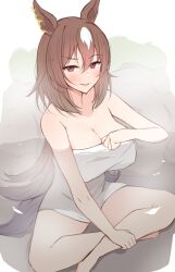 Rule 34 | 1girl, absurdres, animal ears, bare shoulders, blush, breasts, brown hair, cleavage, commentary request, crossed legs, ear ornament, hair between eyes, highres, himuraanzu, horse ears, horse girl, horse tail, indian style, large breasts, long hair, looking at viewer, multicolored hair, naked towel, onsen, partially submerged, red eyes, simple background, sirius symboli (umamusume), sitting, smile, solo, streaked hair, tail, towel, umamusume, very long hair, water, white background, white hair, white towel