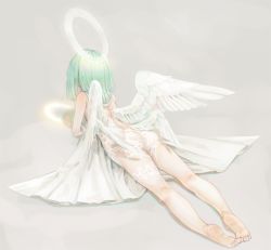 Rule 34 | 1girl, angel, angel wings, aqua hair, ass, bad id, bad pixiv id, barefoot, bed sheet, commentary request, feathered wings, from behind, grey background, halo, lace, low wings, lying, medium hair, mizutame tori, multiple wings, muted color, on stomach, original, see-through, solo, white wings, wings