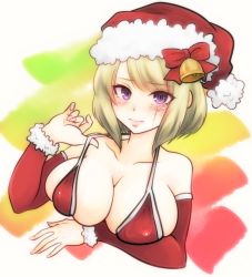 Rule 34 | 1girl, absurdres, bell, bikini, blonde hair, blush, bow, breasts, cleavage, collarbone, detached sleeves, facial scar, fur-trimmed headwear, fur-trimmed sleeves, fur trim, gintama, hat, hat bow, highres, large breasts, long sleeves, looking at viewer, paleatus, purple eyes, red bikini, red bow, red hat, red sleeves, scar, scar on cheek, scar on face, short hair, smile, solo, swimsuit, tsukuyo (gintama), upper body, white background