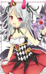Rule 34 | 10s, black wings, blush, breasts, cleavage, crown, drill hair, frills, gloves, harukaruha, heart, highres, idolmaster, idolmaster cinderella girls, kanzaki ranko, long hair, open mouth, red eyes, silver hair, solo, staff, wings