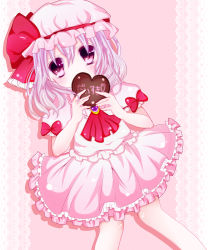 Rule 34 | 1girl, ascot, blush, bow, brooch, candy, chocolate, chocolate heart, covering own mouth, dutch angle, female focus, food, hat, hat ribbon, heart, highres, jewelry, lace, meiko (p28mm), mob cap, pink background, polka dot, polka dot background, puffy short sleeves, puffy sleeves, purple eyes, remilia scarlet, ribbon, short hair, short sleeves, skirt, skirt set, solo, touhou, valentine
