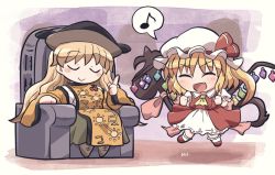 Rule 34 | 2girls, artist name, ascot, black headwear, blonde hair, blush, boots, breasts, brown footwear, brown headwear, buttons, cape, chair, closed eyes, closed mouth, collar, collared dress, constellation, constellation print, crystal, detached sleeves, dress, fang, flandre scarlet, green skirt, hair between eyes, hand up, hands up, hat, hat ribbon, jewelry, jumping, long hair, long sleeves, matara okina, medium breasts, mob cap, multicolored wings, multiple girls, musical note, one side up, open mouth, orange cape, orange sleeves, pink background, pointing, polearm, puffy short sleeves, puffy sleeves, purple background, red dress, red footwear, red ribbon, red vest, ribbon, rokugou daisuke, shadow, shirt, shoes, short hair, short sleeves, sitting, skirt, socks, spear, tabard, tongue, touhou, sunken fossil world, vest, weapon, white dress, white headwear, white legwear, white shirt, white sleeves, wide sleeves, wings, yellow ascot