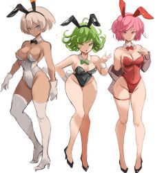 Rule 34 | 3girls, :o, alternate costume, animal ears, bea (pokemon), black bow, black bowtie, black leotard, blue eyes, bow, bowtie, breasts, closed mouth, commentary, covered navel, creatures (company), curvy, dark-skinned female, dark skin, detached collar, doki doki literature club, english commentary, fake animal ears, full body, game freak, gloves, green bow, green bowtie, green eyes, green hair, grey hair, groin, high heels, highleg, highleg leotard, highres, large breasts, leotard, medium breasts, multiple girls, natsuki (doki doki literature club), nintendo, one-punch man, one side up, pink hair, playboy bunny, pokemon, pokemon swsh, rabbit ears, rabbit tail, rakeemspoon, red bow, red bowtie, red eyes, red leotard, short hair, tail, take your pick, tatsumaki, thighhighs, thighs, white gloves, white leotard, white thighhighs, wide hips