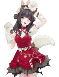 Rule 34 | 1girl, animal, animal hands, arms up, bad id, bad pixiv id, black hair, blue eyes, corset, gloves, green eyes, heart, heterochromia, horns, kano shirayuki, long hair, looking at viewer, ohisashiburi, open mouth, paw gloves, paw pose, project luminasys, red horns, simple background, smile, solo, torn clothes, white background