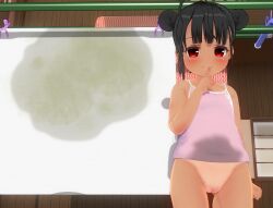 Rule 34 | 1girl, 3d, ahoge, bed sheet, bedwetting, black hair, blush, bottomless, collarbone, custom maid 3d, custom maid 3d 2, double bun, eguze (sho1013), finger to mouth, flat chest, hair bun, looking at viewer, pee stain, pink shirt, pussy, red eyes, shirt, smile, standing, tan, tank top, tanline, wet, wet clothes, wet shirt, window