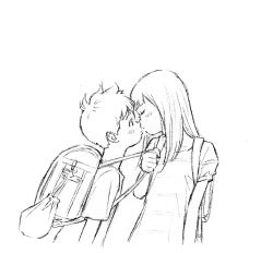 Rule 34 | 1boy, 1girl, antenna hair, bag, closed eyes, commentary, commentary request, femdom, greyscale, hetero, highres, kiss, kubonouchi eisaku, long hair, looking at another, monochrome, original, school bag, short hair, short sleeves, simple background, sketch, strap pull, white background