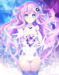 Rule 34 | 1girl, absurdres, bare shoulders, blue eyes, breasts, choujigen game neptune sisters vs sisters, cleavage, covered navel, cowboy shot, crystal, elbow gloves, expressionless, floating hair, glint, gloves, hair between eyes, hair ornament, highres, legs together, leotard, light particles, long hair, looking at viewer, medium breasts, nepgear, neptune (series), official art, open hand, outstretched arms, parted lips, pink hair, power symbol, power symbol-shaped pupils, purple hair, purple sister, purple thighhighs, reaching, reaching towards viewer, skin tight, solo, spread fingers, standing, straight-on, symbol-shaped pupils, thigh gap, thighhighs, very long hair, white gloves, white leotard