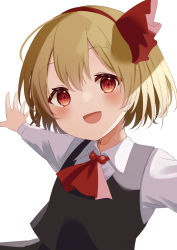 Rule 34 | 1girl, :d, ascot, black vest, blonde hair, blouse, collared shirt, hairband, highres, kamachi (kamati0maru), long sleeves, looking at viewer, open mouth, outstretched arms, red ascot, red eyes, red hairband, rumia, shirt, short hair, simple background, smile, solo, touhou, upper body, vest, white background, white shirt
