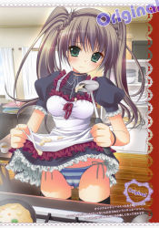 Rule 34 | 1girl, absurdres, apron, black thighhighs, blush, brown hair, character request, choker, clothes lift, cooking, green eyes, highres, indoors, kino konomi, konomi (kino konomi), ladle, long hair, maid, maid apron, messy, non-web source, original, panties, side-tie panties, skirt, skirt lift, solo, striped clothes, striped panties, thighhighs, translation request, twintails, underwear, upskirt, wristband