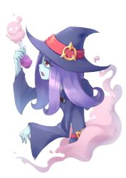 Rule 34 | 10s, 1girl, greicis, hat, little witch academia, long hair, open mouth, poison, potion, purple hair, red eyes, simple background, solo, sucy manbavaran, white background, witch, witch hat