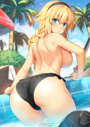 Rule 34 | 1girl, ass, b-ginga, back, bikini, black bikini, blonde hair, blue eyes, blue sky, blush, braid, breasts, day, fate/apocrypha, fate (series), frilled bikini, frills, hair between eyes, hairband, hip focus, jeanne d&#039;arc (fate), jeanne d&#039;arc (ruler) (fate), jeanne d&#039;arc (swimsuit archer) (fate), jeanne d&#039;arc (swimsuit archer) (first ascension) (fate), large breasts, long braid, long hair, looking at viewer, looking back, open mouth, outdoors, poolside, sky, solo, swimsuit, thighs, topfreedom, topless, very long hair, water, wet
