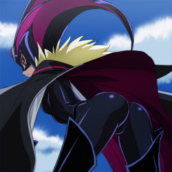 Rule 34 | 10s, 1girl, arched back, ass, bent over, black bodysuit, blonde hair, bodysuit, boots, cameltoe, cape, cloud, cure muse, cure muse (black), day, haruyama kazunori, long hair, looking back, magical girl, mask, precure, red eyes, shiny clothes, shirabe ako, skin tight, sky, solo, spread legs, suite precure, thigh boots, thighhighs
