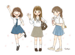 Rule 34 | 3girls, :d, arm up, backpack, bag, bag charm, blush stickers, bobby socks, brown eyes, brown hair, charm (object), closed eyes, collared shirt, cup, disposable cup, drink, drinking straw, fist pump, flower, holding, holding cup, holding drink, holding strap, loafers, long hair, medium hair, multiple girls, necktie, open mouth, original, parted lips, plaid, plaid skirt, pleated skirt, ponytail, raised fist, school bag, school uniform, serafuku, shirt, shirt tucked in, shoes, signature, skirt, smile, sneakers, socks, standing, standing on one leg, striped necktie, tokoyu, walking, watch, waving, wristwatch