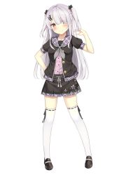 Rule 34 | 1girl, blush, brown hair, buttons, collarbone, commentary, floral print, full body, hair between eyes, hair ornament, hair over one eye, hairclip, hand on own hip, hand up, head tilt, highres, karutamo, light purple hair, loafers, long hair, looking at viewer, official art, onsen musume, pleated skirt, sailor collar, shoes, short sleeves, short twintails, simple background, skirt, smile, solo, standing, thighhighs, twintails, two side up, white background, white thighhighs, yamashiro yata, zettai ryouiki