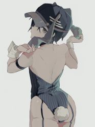 Rule 34 | 1boy, animal ears, armband, ass, bare back, bare shoulders, baseball cap, black hair, black leotard, cowboy shot, crossdressing, danganronpa (series), danganronpa v3: killing harmony, fake animal ears, fake tail, from behind, garter straps, grey background, hands up, hat, highres, leotard, looking at viewer, looking back, male focus, male playboy bunny, nemari (nemaru 0907), playboy bunny, rabbit ears, saihara shuichi, simple background, sleeveless, solo, strapless, strapless leotard, striped clothes, striped leotard, tail, trap, vertical-striped clothes, vertical-striped leotard, wrist cuffs