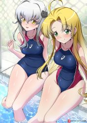 Rule 34 | 2girls, absurdres, ahoge, asia argento, bad id, bad pixiv id, blonde hair, breasts, cat hair ornament, chain-link fence, cleavage, commentary, competition swimsuit, cowboy shot, english commentary, female focus, fence, green eyes, hair ornament, high school dxd, highres, long hair, looking at viewer, medium breasts, multiple girls, murikajin, one-piece swimsuit, patreon username, pool, poolside, silver hair, sitting, skindentation, soaking feet, swimsuit, toujou koneko, water, watermark, web address, yellow eyes