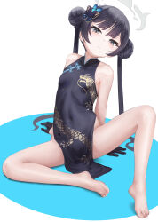 Rule 34 | 1girl, bare legs, barefoot, black hair, blue archive, breasts, butterfly hair ornament, closed mouth, commentary request, covered navel, double bun, dragon print, dress, hair bun, hair ornament, halo, highres, kisaki (blue archive), legs, long hair, looking at viewer, pelvic curtain, print dress, sitting, sleeveless, sleeveless dress, small breasts, solo, thighs, toenails, toes, twintails, yamaneko (tkdrumsco)