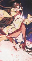 Rule 34 | 1girl, absurdres, brown hair, commentary, fate/grand order, fate (series), field, floral print, flower, flower field, hair flower, hair ornament, highres, holding, holding sword, holding weapon, japanese clothes, kara no kyoukai, katana, kimono, long hair, looking at viewer, night, night sky, petals, qiuyun62303677, ryougi shiki, ryougi shiki (third ascension), sky, smile, solo, sword, very long hair, weapon, wide sleeves