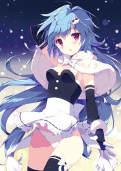 Rule 34 | 1girl, arm up, black gloves, black thighhighs, blue hair, blush, breasts, capelet, cleavage, cowboy shot, elbow gloves, floating hair, frilled skirt, frills, fur trim, gloves, hair between eyes, hair ornament, highres, long hair, looking at viewer, medium breasts, miniskirt, open mouth, original, panties, red eyes, shiratama (shiratamaco), sideboob, skirt, solo, standing, strapless, thighhighs, underwear, very long hair, white capelet, white panties, white skirt