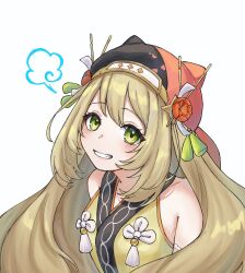 1girl big_hair blonde_hair celine_(fire_emblem) celine_(ninja)_(fire_emblem) commentary_request fire_emblem fire_emblem_engage fire_emblem_heroes green_eyes hair_ornament hair_stick highres kashiwa_e3 long_hair looking_at_viewer ninja nintendo official_alternate_costume puff_of_air simple_background smile solo tassel upper_body white_background