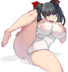 Rule 34 | 1girl, absurdres, black hair, blue eyes, blunt bangs, breasts, cameltoe, curvy, hair ribbon, hand on breast, highres, huge breasts, kouno (masao), leg up, long hair, looking at viewer, lying, nipples, on back, one-piece swimsuit, original, ribbon, see-through, see-through one-piece swimsuit, simple background, skindentation, smile, swimsuit, thick thighs, thighs, twintails, white background, white one-piece swimsuit