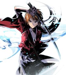 Rule 34 | 1boy, arm up, closed mouth, cofffee, cowboy shot, cross scar, facial scar, floating hair, hakama, himura kenshin, holding, holding sword, holding weapon, japanese clothes, katana, kimono, long hair, looking at viewer, male focus, orange hair, ponytail, red kimono, rurouni kenshin, scar, scar on cheek, scar on face, serious, solo, sword, weapon, white hakama, wide sleeves