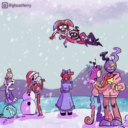 Rule 34 | 1other, 3boys, 3girls, alternate costume, bow, bubble, bubble (the amazing digital circus), caine (the amazing digital circus), carrying, carrying person, chess piece, choked, flying, frozen, frozen lake, gangle (the amazing digital circus), hair bow, hat, highres, jester, jester cap, jester girl, jester outfit, king (chess), kinger (the amazing digital circus), multiple boys, multiple girls, pomni (the amazing digital circus), purple fur, rabbit ears, ragatha (the amazing digital circus), red hair, snow, snowball, snowing, strangling, the amazing digital circus, top hat, zooble (the amazing digital circus)