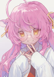Rule 34 | 1girl, ahoge, animal ears, blush, collared shirt, commentary, glasses, grin, hair ribbon, highres, long hair, long sleeves, naname (7name), necktie, original, pink hair, ribbon, shirt, sleeves past wrists, smile, solo, symbol-only commentary, yellow eyes