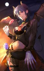 Rule 34 | 1girl, absurdres, alternate costume, ascot, black horns, black shorts, blue eyes, blue hair, breasts, buttons, byleth (female) (fire emblem), byleth (fire emblem), byleth (male) (fire emblem), candy, clothing cutout, commentary, cosplay, curled horns, demon horns, demon tail, demon wings, embers, english commentary, fake horns, fake tail, fake wings, fire emblem, fire emblem: three houses, fire emblem heroes, food, gloves, grin, hair between eyes, halloween, halloween costume, highres, holding, holding candy, holding food, holding lollipop, horns, jacket, large breasts, lollipop, long hair, long sleeves, looking at viewer, moon, navel, navel cutout, night, nintendo, open clothes, open jacket, outdoors, pink ascot, seductive smile, short shorts, shorts, smile, solo, striped clothes, striped jacket, tail, teeth, toho10min, white gloves, wings