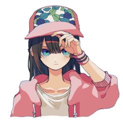 Rule 34 | 1girl, baseball cap, blue eyes, brown hair, closed mouth, hair between eyes, hat, jacket, ka (marukogedago), long hair, long sleeves, looking at viewer, open clothes, open jacket, original, pink hat, shirt, simple background, solo, upper body, white background, white shirt, wristband
