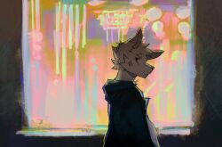 Rule 34 | 1boy, abstract background, backlighting, bandaid on ear, black eyes, black hoodie, facial mark, from side, furry, furry male, highres, hood, hoodie, itooku, looking at viewer, original, solo, standing, thick eyebrows, white fur, wolf boy