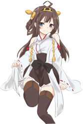Rule 34 | 10s, 1girl, ahoge, bare shoulders, blue eyes, blush, boots, brown hair, detached sleeves, hair ornament, hairband, ica, japanese clothes, kantai collection, kongou (kancolle), long hair, nontraditional miko, personification, simple background, skirt, smile, solo, thigh boots, thighhighs, white background, zettai ryouiki