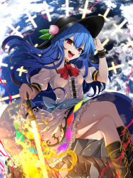 Rule 34 | 1girl, black footwear, black hat, blouse, blue hair, blue skirt, boots, bow, bowtie, breasts, center frills, commentary request, crossed legs, energy, feet out of frame, food, frills, fruit, hand on headwear, hand up, hat, head tilt, highres, hinanawi tenshi, holding, holding sword, holding weapon, keystone, leaf, long hair, looking at viewer, medium breasts, open mouth, peach, petticoat, red bow, red bowtie, red eyes, rihito (usazukin), rope, shide, shirt, sitting, skirt, smile, solo, sword, sword of hisou, thighs, tongue, tongue out, touhou, weapon, white shirt, wing collar, wristband