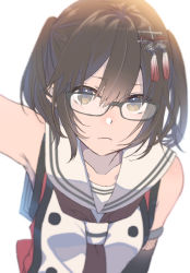 Rule 34 | 1girl, armpits, bare shoulders, bespectacled, black-framed eyewear, breasts, brown eyes, brown hair, close-up, closed mouth, collarbone, elbow gloves, expressionless, glasses, gloves, hair between eyes, hair ornament, kantai collection, long hair, looking at viewer, reaching, reaching towards viewer, rinto (rint rnt), school uniform, selfie, sendai (kancolle), sendai kai ni (kancolle), serafuku, simple background, sleeveless, solo, two side up, upper body, white background