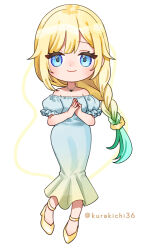Rule 34 | 1girl, aizawa ema, aqua hair, bare shoulders, blonde hair, blue dress, blue eyes, commentary request, dress, full body, gradient dress, gradient hair, high heels, jewelry, kurakichi36, long braid, long hair, looking at viewer, multicolored hair, necklace, off-shoulder shirt, off shoulder, own hands together, puffy short sleeves, puffy sleeves, shirt, short sleeves, simple background, smile, solo, very long hair, virtual youtuber, vspo!, white background, yellow footwear