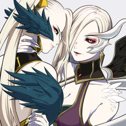 Rule 34 | 2girls, bare shoulders, black sclera, blonde hair, breasts, cleavage, colored sclera, coven morgana, coven zyra, detached sleeves, earrings, feathered wings, feathers, hair ornament, hand on another&#039;s neck, hiyari (hiyarilol), jewelry, large breasts, league of legends, long hair, looking at viewer, lower teeth only, morgana (league of legends), multiple girls, nail polish, pale skin, ponytail, profile, red eyes, sideways glance, simple background, smile, teeth, upper body, white nails, wings, yellow eyes, zyra