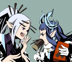 2girls alternate_eye_color blue_eyes blue_hair box commentary dragon_horns earrings food food_in_mouth food_on_head from_side fur_trim gloves hand_up holding holding_box holding_food holding_pocky horns jewelry long_hair monoyoshi_sadamune_(tenka_hyakken) multiple_girls nami&#039;oyogi_kanemitsu object_on_head pocky pocky_in_mouth pointy_ears polka_dot polka_dot_background ponytail purple_eyes sidelocks teeth tenka_hyakken too_many_in_mouth upper_body upper_teeth_only v-shaped_eyebrows watasi_ch3 white_gloves