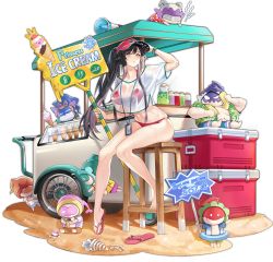 Rule 34 | 1girl, ark order, artist request, bare legs, baseball cap, bikini, black hair, blouse, bracelet, breasts, cart, conch, cooler, crop top, crown print, food, hair flaps, hat, hat writing, high ponytail, holding, holding sign, ice cream, jewelry, large breasts, megaphone, official art, pink eyes, red bikini, red footwear, red headwear, sand, sandals, see-through, see-through shirt, shell, shirt, sign, snow white (ark order), snow white and the seven dwarfs, solo focus, sparkle, swimsuit, t-shirt, transparent background, white shirt