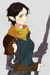 Rule 34 | animification, armor, bw2gold, dragon age, dragon age 2, elf, facepaint, facial tattoo, fingerless gloves, gloves, green eyes, merrill (dragon age 2), pauldrons, pointy ears, scarf, shoulder armor, solo, staff, tattoo