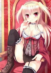 Rule 34 | 1girl, :3, black thighhighs, blonde hair, boots, breasts, cleavage, clothes lift, crossed arms, dress, frilled thighhighs, frills, garter straps, highres, leg up, long hair, looking at viewer, medium breasts, nyarumi (buluerose), original, pink eyes, sitting, skirt, skirt lift, solo, thighhighs, throne, two side up