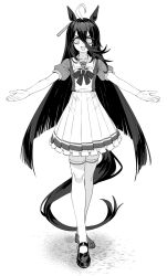 Rule 34 | 1girl, absurdres, ahoge, animal ears, bow, bowtie, earrings, full body, greyscale, hair between eyes, highres, horse ears, horse girl, horse tail, jewelry, long hair, looking at viewer, manhattan cafe (umamusume), monochrome, open mouth, outstretched arms, sailor collar, sarcophage, school uniform, shoes, short sleeves, single earring, skirt, smile, solo, spread arms, standing, tail, thighhighs, tracen school uniform, umamusume