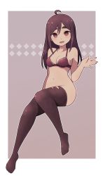 Rule 34 | 1girl, :d, ahoge, border, bottomless, bra, breasts, brown background, brown hair, brown thighhighs, commission, full body, highres, invisible chair, lamb-oic029, looking at viewer, medium breasts, navel, open mouth, original, pixiv commission, red bra, red eyes, sitting, smile, solo, thighhighs, underwear, waving, white border