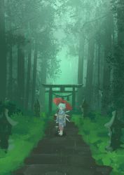 Rule 34 | 1girl, alternate costume, blue bow, blue eyes, blue hair, blue kimono, bow, bush, cirno, commentary, forest, geta, grass, hair bow, highres, holding, holding umbrella, ice, ice wings, japanese clothes, kimono, lbcirno9, long sleeves, looking at viewer, nature, outdoors, path, photo-referenced, rain, road, scenery, short hair, socks, solo, standing, stone lantern, tabi, touhou, tree, umbrella, white socks, wide sleeves, wings