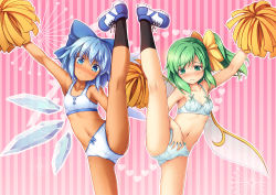 Rule 34 | 2girls, bare arms, bare shoulders, black legwear, blue bow, blue eyes, blue hair, blush, bow, bra, breasts, chima q, cirno, collarbone, commentary, daiyousei, embarrassed, fairy wings, frown, green eyes, green hair, hair between eyes, hair bow, heart, ice, ice wings, kneepits, large bow, leg up, multiple girls, navel, outline, outstretched arm, panties, pink background, pom pom (cheerleading), short hair, simple background, small breasts, socks, split, sports bra, standing, standing on one leg, standing split, striped, striped background, tan, tanned cirno, touhou, underwear, underwear only, v-shaped eyebrows, vertical stripes, wavy mouth, white bra, white outline, white panties, wings, yellow bow