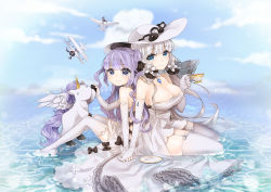 Rule 34 | 2girls, ahoge, aircraft, airplane, animal, azur lane, bad id, bad pixiv id, biplane, black bow, black ribbon, blue eyes, blue sky, bow, breasts, cleavage, closed mouth, cloud, commentary request, cup, day, detached collar, detached sleeves, dress, elbow gloves, fairey swordfish, gloves, hair bun, hat, highres, holding, holding cup, illustrious (azur lane), large breasts, long hair, long sleeves, looking at viewer, looking to the side, low twintails, maerchen noir, mole, mole under eye, multiple girls, one side up, outdoors, purple eyes, purple hair, ribbon, saucer, shallow water, shoes, side bun, silver hair, single hair bun, single side bun, sitting, sky, smile, tea, teacup, thighhighs, twintails, unicorn (azur lane), very long hair, water, white dress, white footwear, white gloves, white hat, white legwear, winged unicorn
