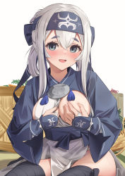 Rule 34 | 1girl, ainu, ainu clothes, bad id, bad pixiv id, bandana, blue eyes, blue hair, blue headband, breasts, covering nipples, covering privates, cropped jacket, dress, folded ponytail, headband, highres, kamoi (kancolle), kantai collection, kokenashi, large breasts, leg wrap, multicolored hair, one breast out, pelvic curtain, sideboob, sidelocks, sleeveless, sleeveless dress, solo, thick eyebrows, thighhighs, white dress, white hair, wrist guards