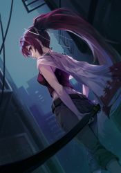 Rule 34 | 1girl, breasts, building, camisole, capri pants, cleavage, collarbone, covered erect nipples, crop top, grin, hair intakes, hand on own hip, highres, jacket, jacket on shoulders, long hair, looking at viewer, looking back, medium breasts, night, night sky, online neet, ootachi, pants, parted lips, ponytail, red camisole, red eyes, red hair, sheath, sheathed, sky, smile, solo, under night in-birth, very long hair, yuzuriha (under night in-birth)