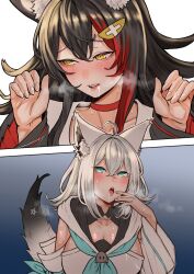 Rule 34 | 2girls, after kiss, ahoge, animal ear fluff, animal ears, black hair, blue neckerchief, blush, braid, breasts, commentary request, detached sleeves, face-to-face, flipped hair, fox ears, fox girl, fox tail, green eyes, hair between eyes, hair ornament, hairclip, highres, hololive, hood, hoodie, inamimi (sheep1733), large breasts, long hair, looking at another, looking at viewer, multicolored hair, multiple girls, neckerchief, ookami mio, ookami mio (1st costume), open mouth, pentagram, red hair, saliva, saliva trail, shirakami fubuki, shirakami fubuki (1st costume), single braid, streaked hair, sweat, tail, tongue, tongue out, virtual youtuber, white hair, white hoodie, wolf ears, wolf girl, yellow eyes, yuri