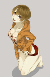 Rule 34 | 1girl, arizuka (catacombe), barefoot, breasts, brown eyes, brown hair, cleavage, feet, full body, highres, hood, hoodie, jacket, kneeling, legs, open mouth, original, shirt, short hair, short shorts, shorts, simple background, sitting, solo, taut clothes, taut shirt, toes